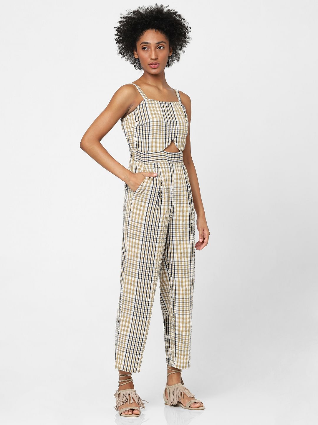 White Check Cut-Out Jumpsuit