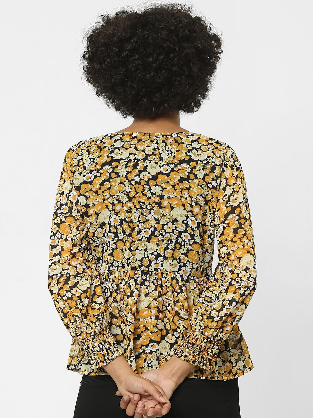 Black Floral Print Peplum Top