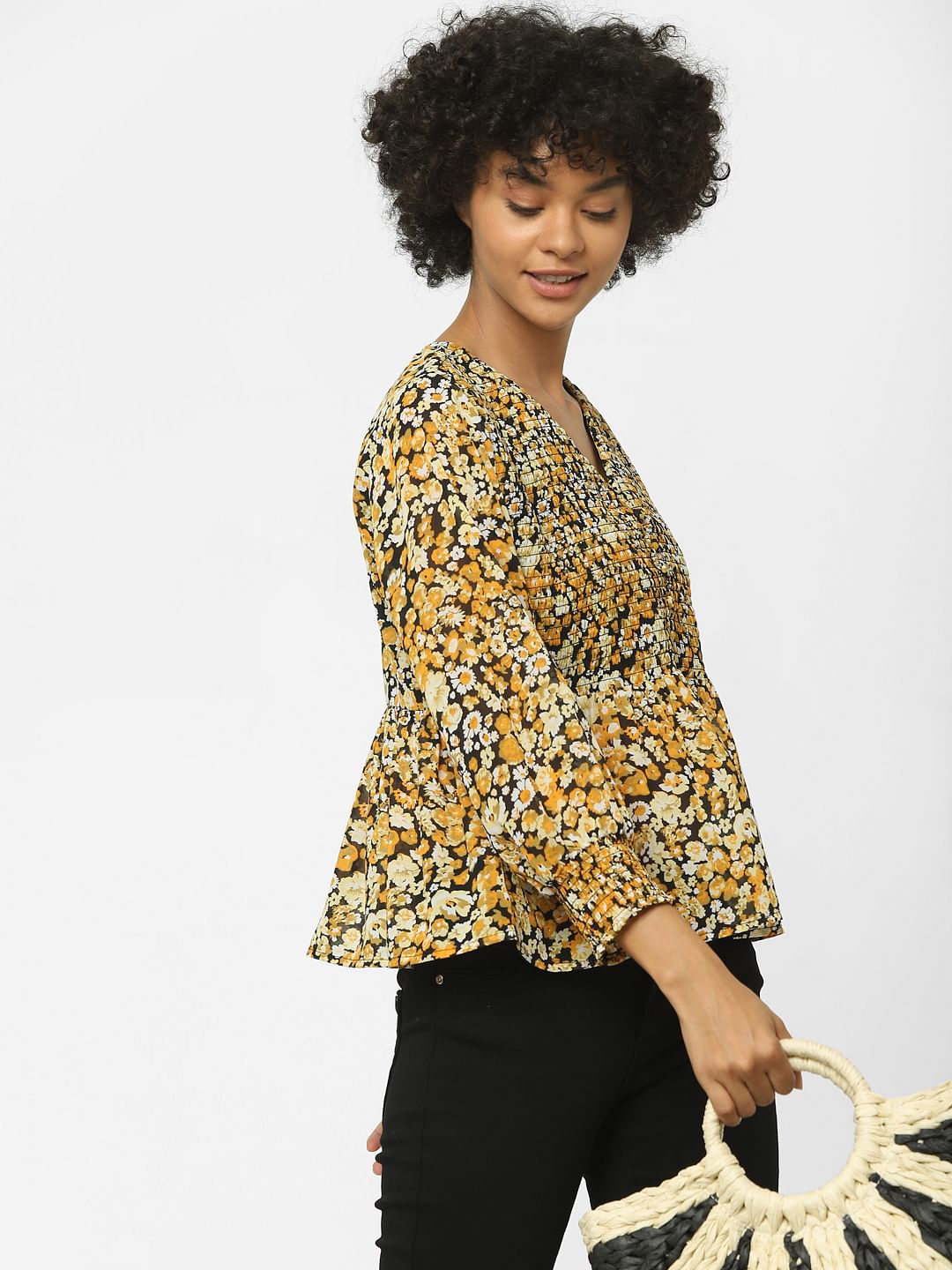 Black Floral Print Peplum Top