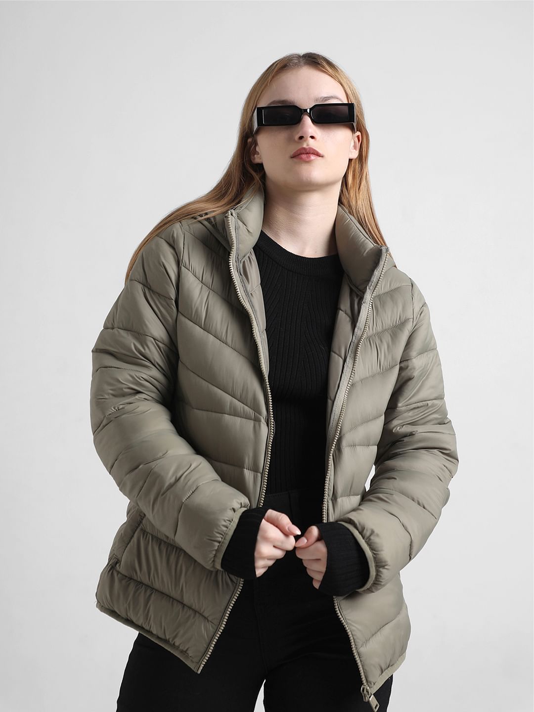 Olive Zip-Up Fitted Puffer Jacket