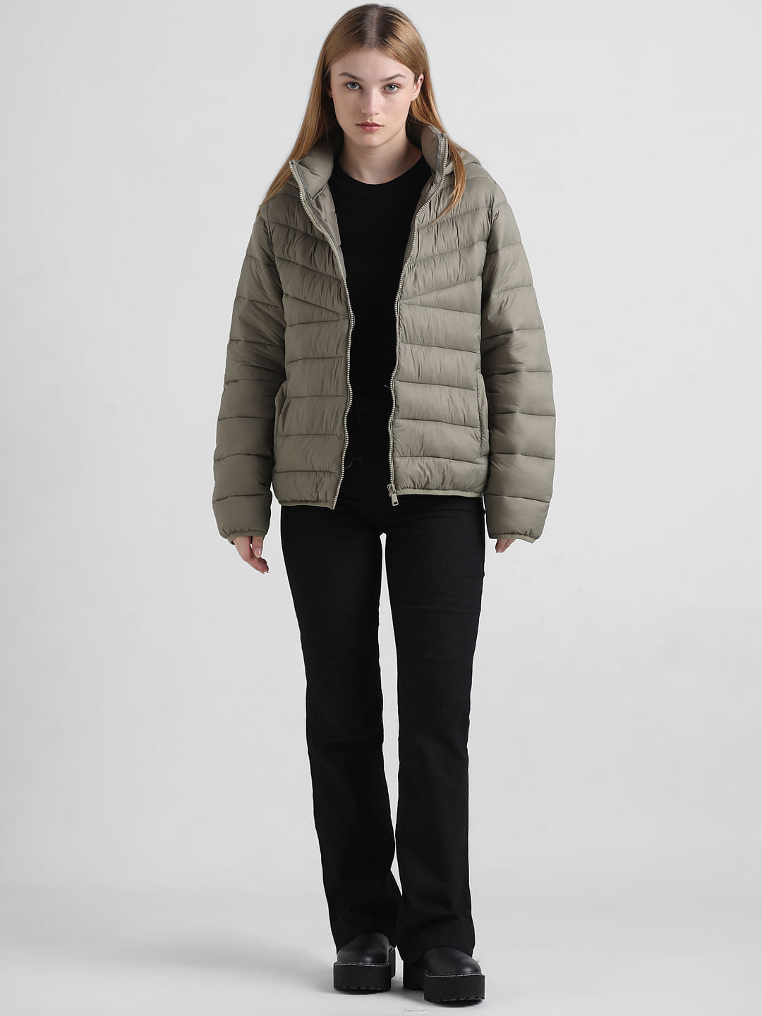 Olive Zip-Up Fitted Puffer Jacket