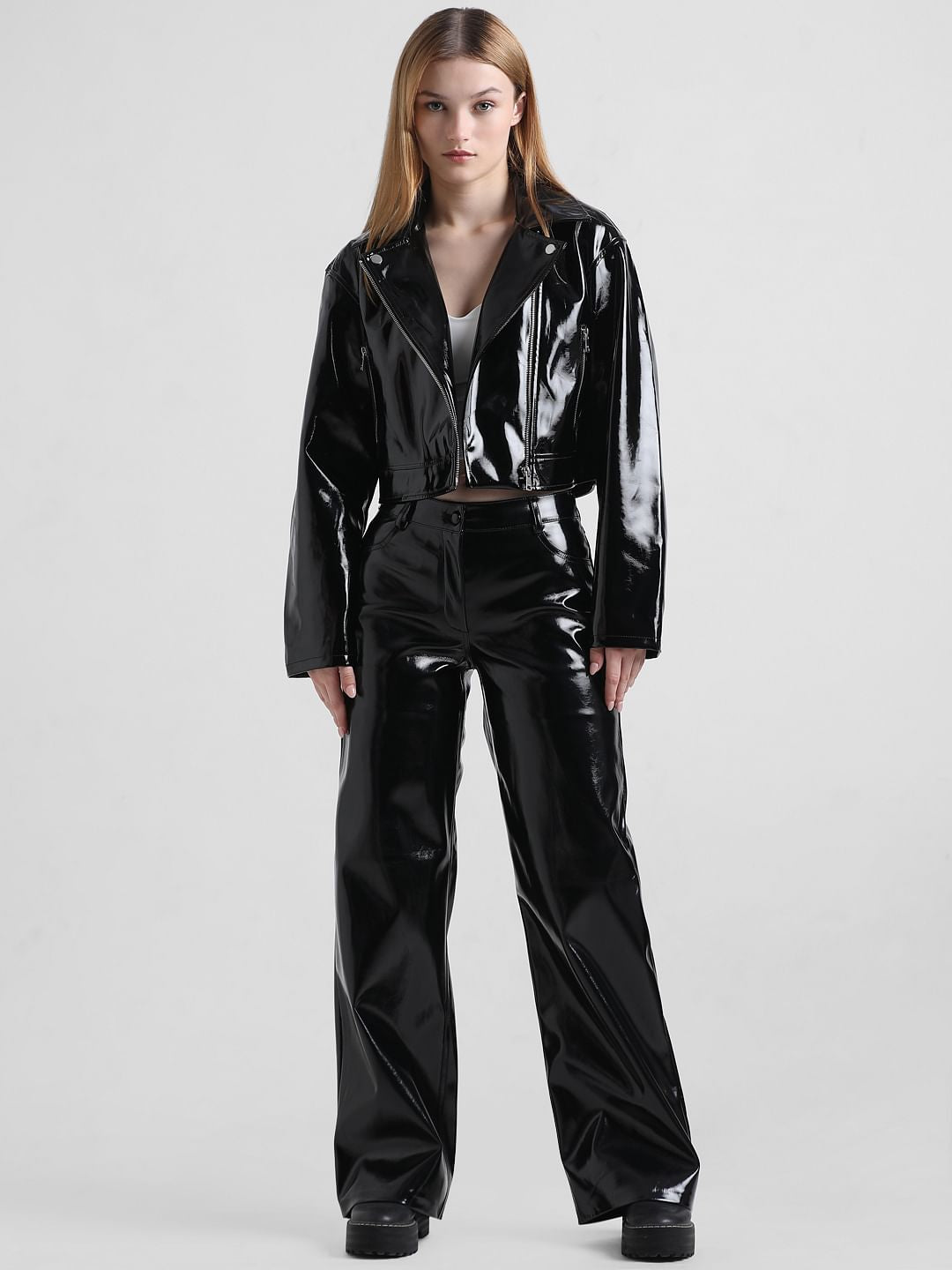 Black Glazed Fitted Biker Jacket