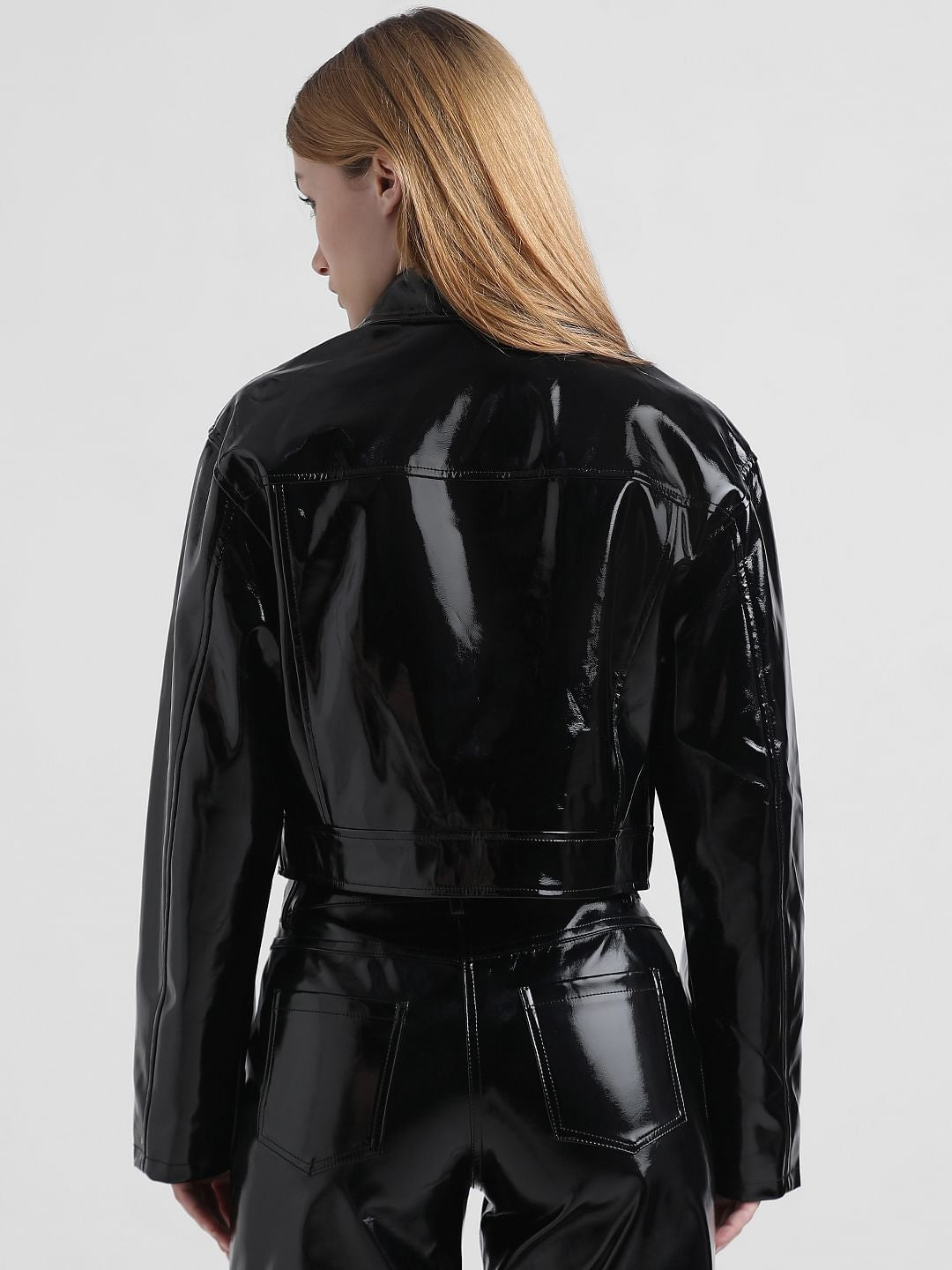 Black Glazed Fitted Biker Jacket