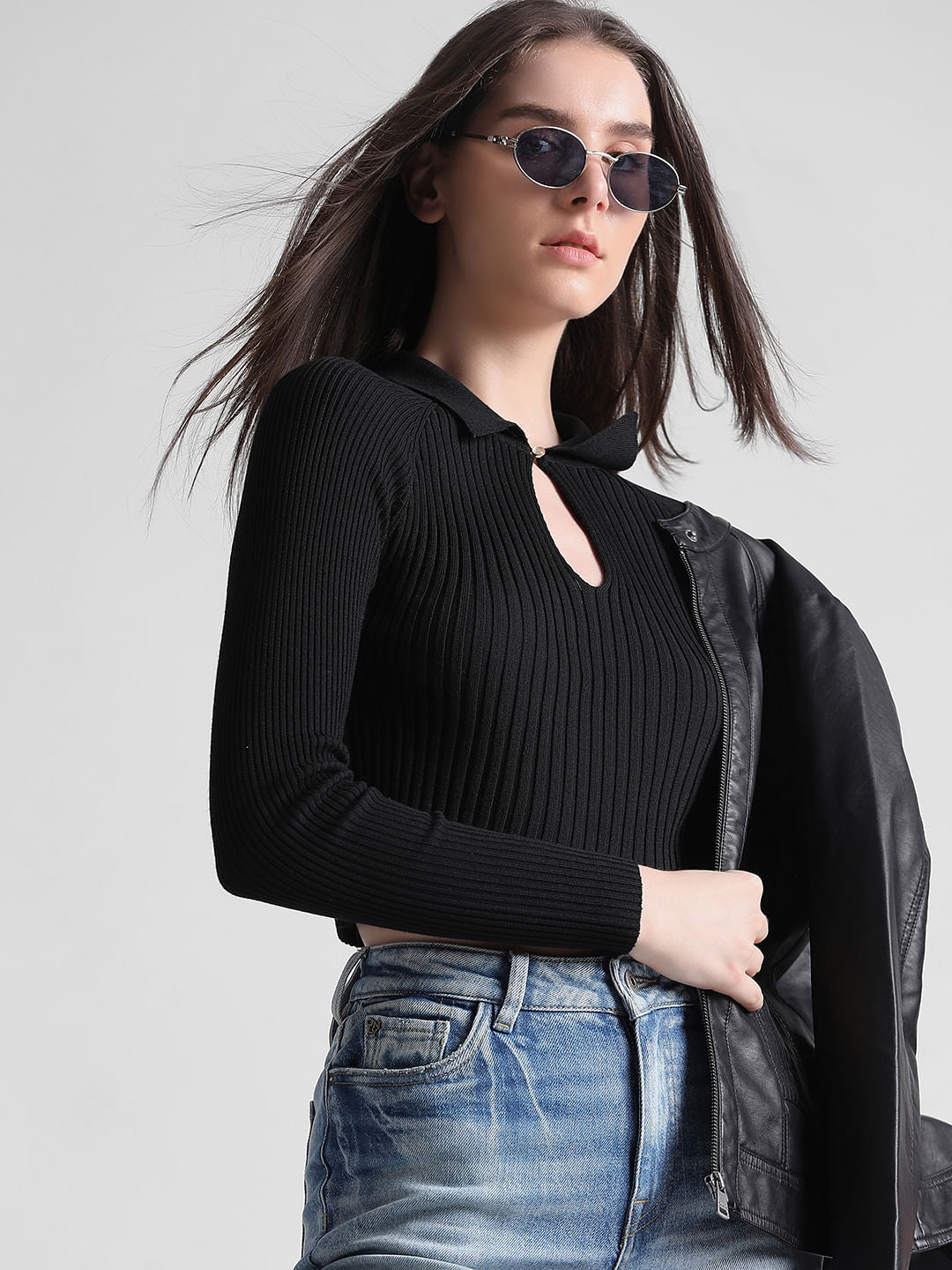 Black Ribbed Knit Polo T-Shirt