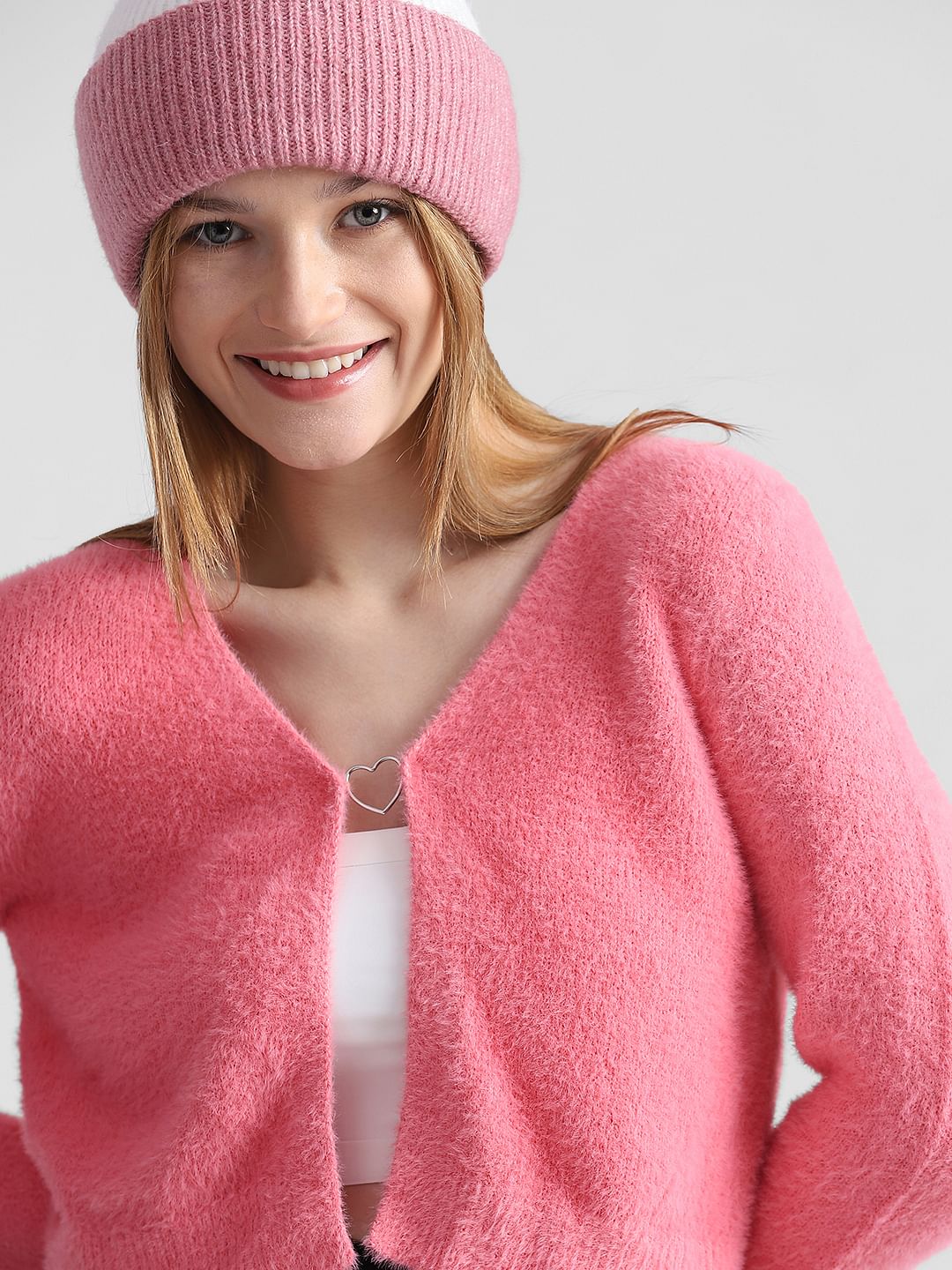 Pink Red Fuzzy Crop Sweater Pink Cropped Fitted Cardigan