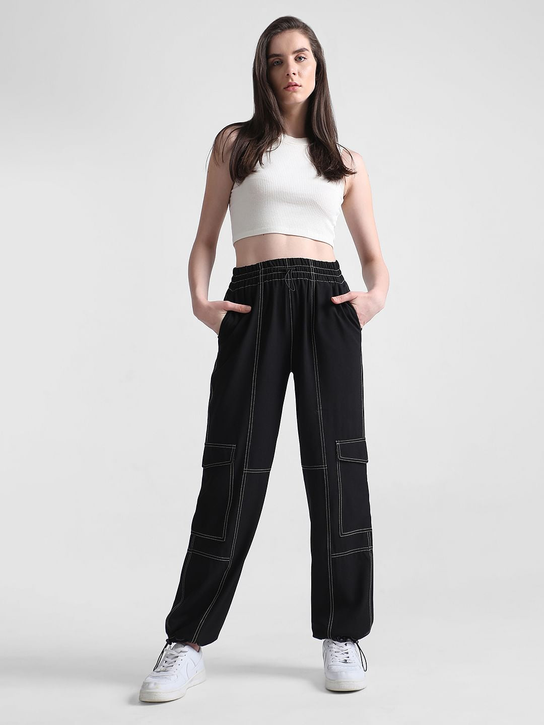 Black High Rise Contrast Stitch Cargos