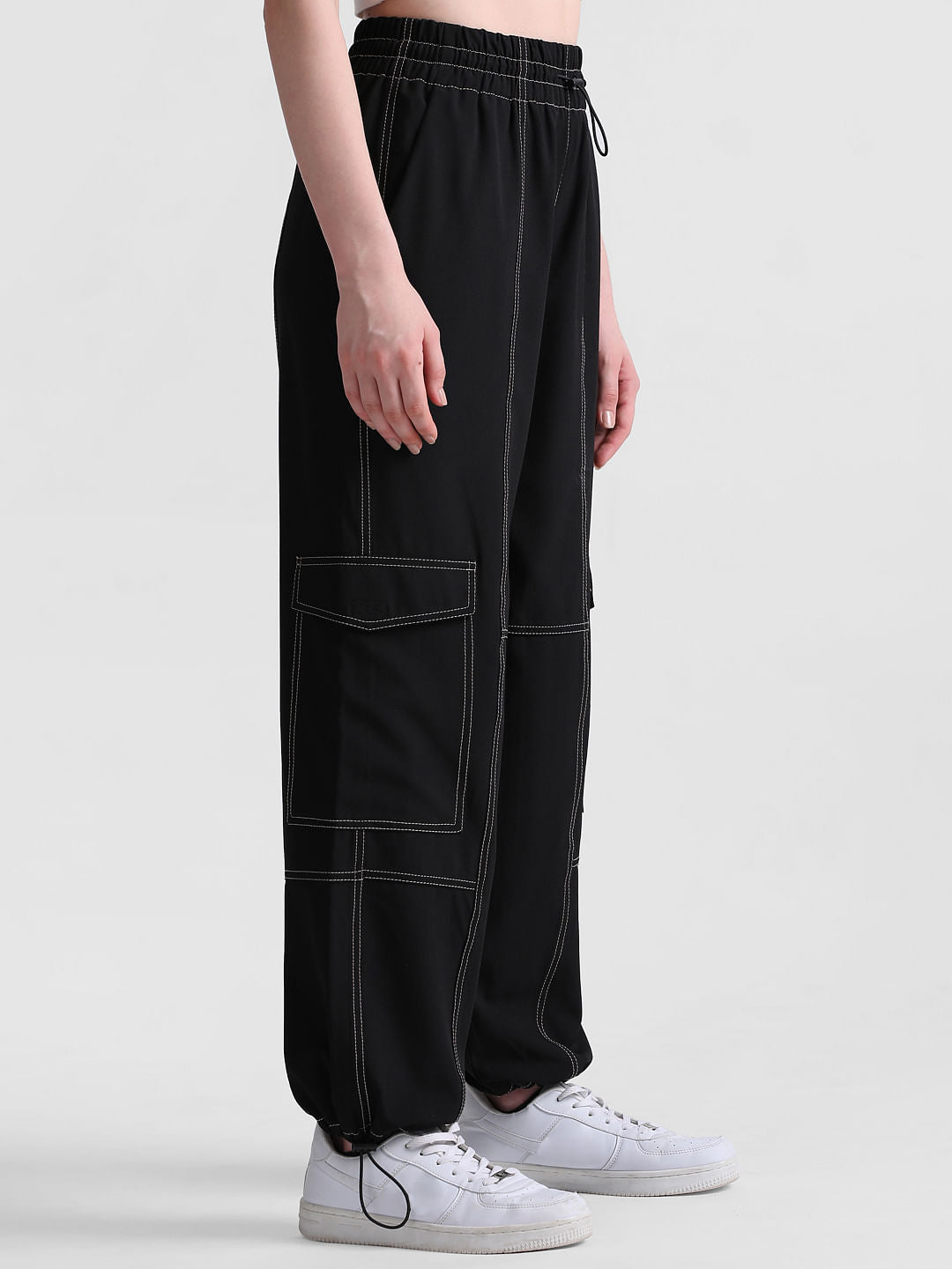 Black High Rise Contrast Stitch Cargos