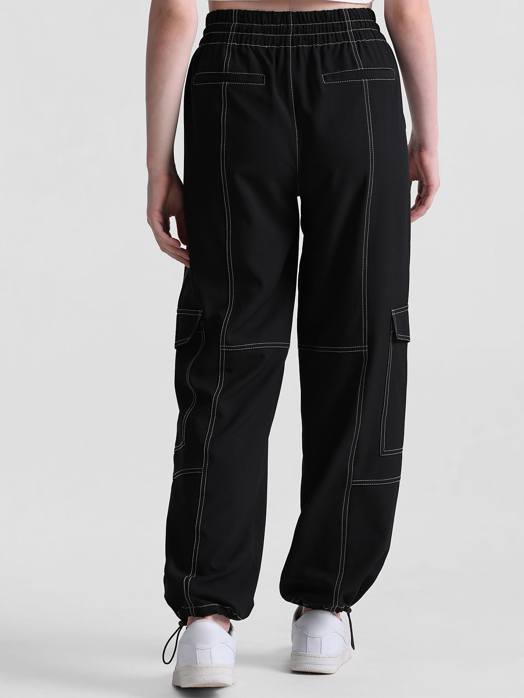 Black High Rise Contrast Stitch Cargos
