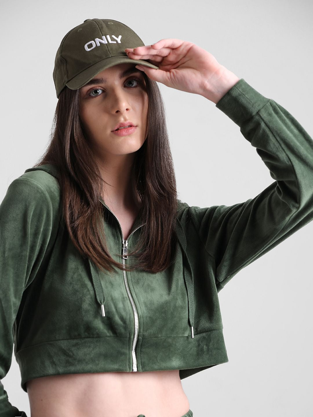 Green Cropped Hooded Velour Sweatshirt