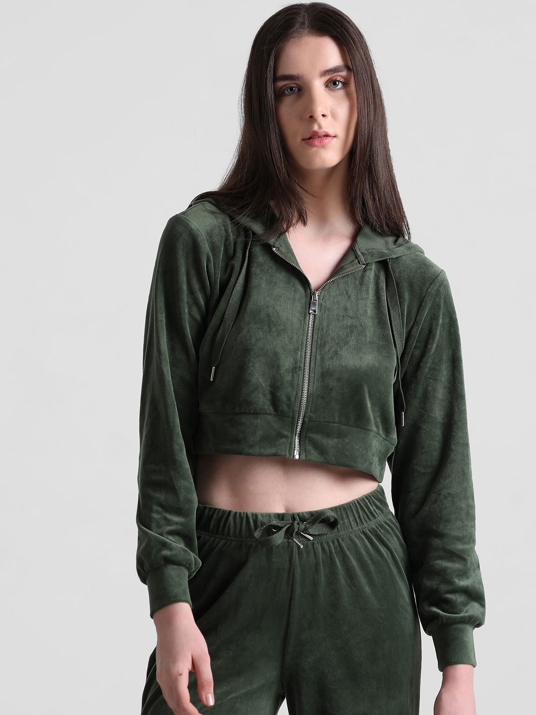 Green Cropped Hooded Velour Sweatshirt