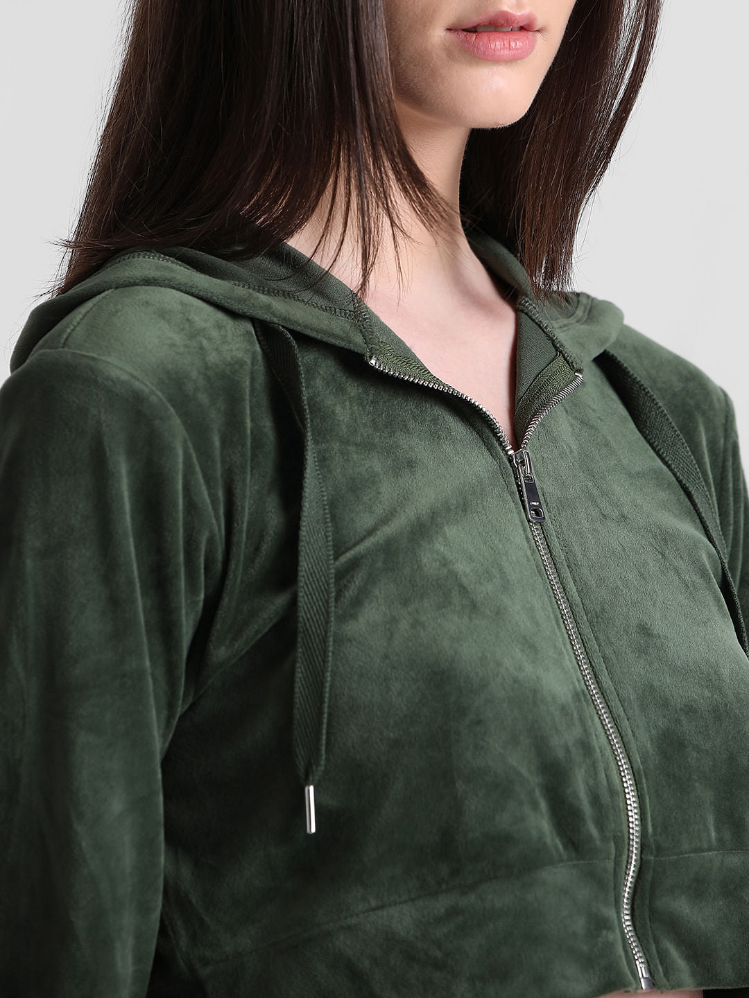 Green Cropped Hooded Velour Sweatshirt