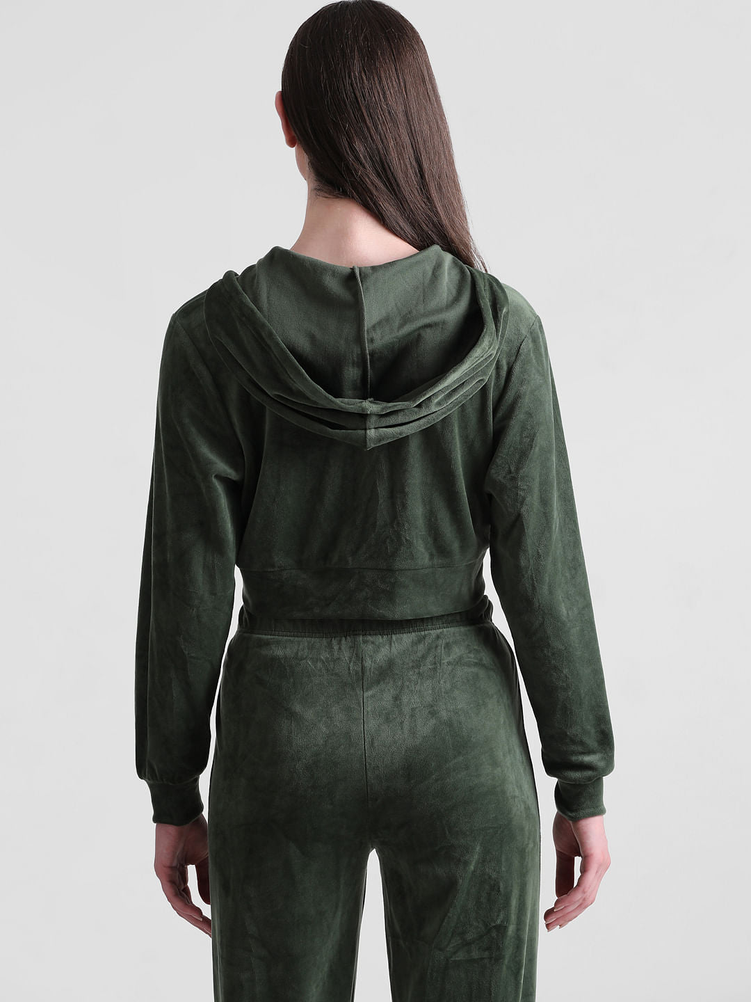 Green Cropped Hooded Velour Sweatshirt