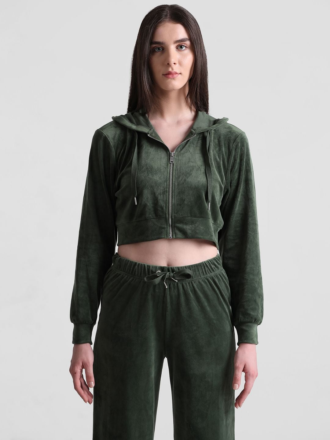 Green Cropped Hooded Velour Sweatshirt
