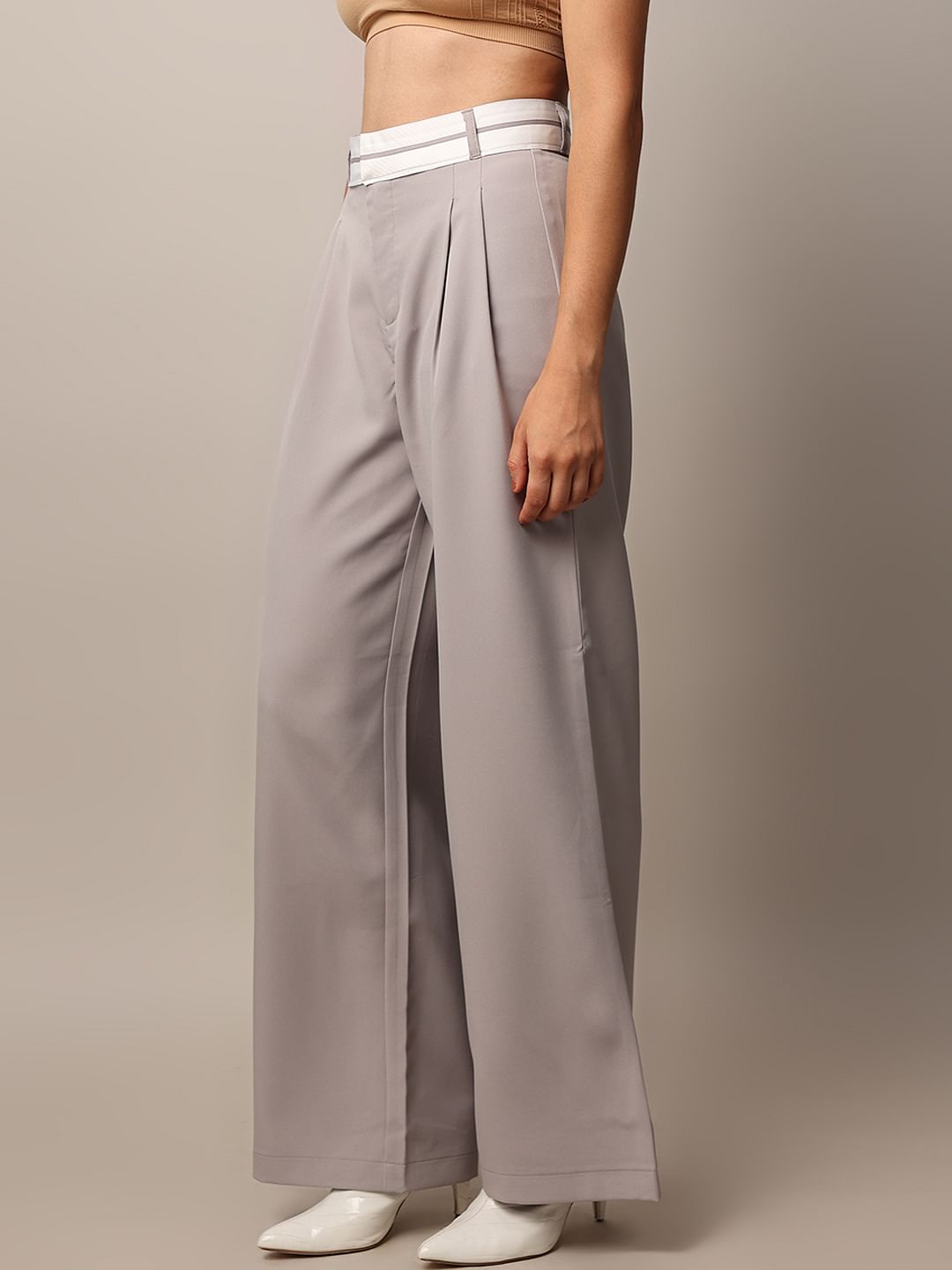 Grey High Rise Tailored Wide Leg Pants