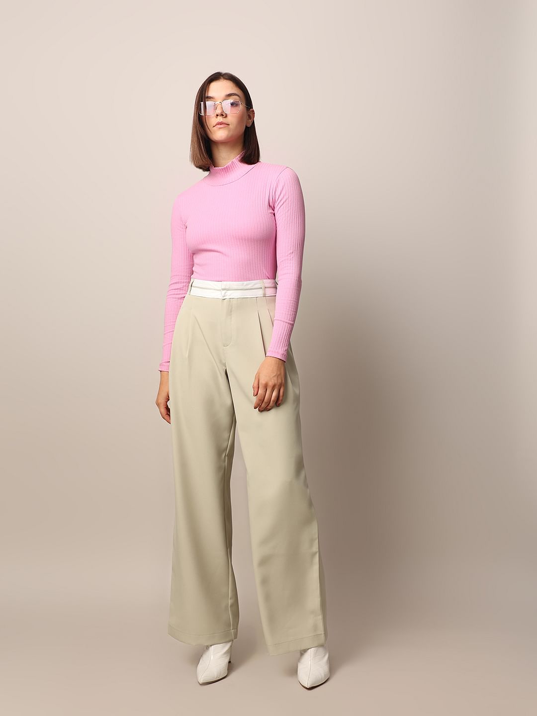 Beige High Rise Tailored Wide Leg Pants