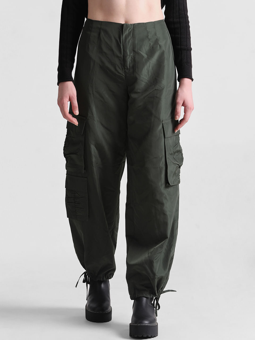 Dark Green Mid Rise Utility Cargo Pants