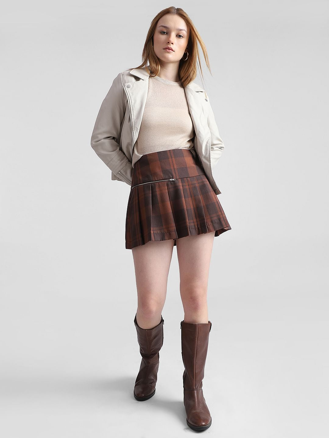 Brown High Rise Check Mini Skirt