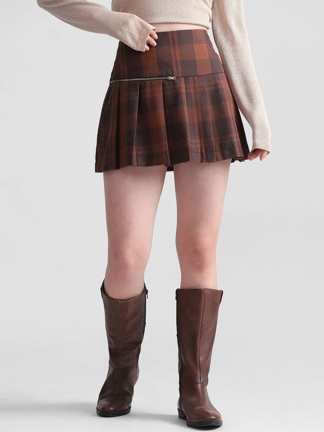 Brown High Rise Check Mini Skirt