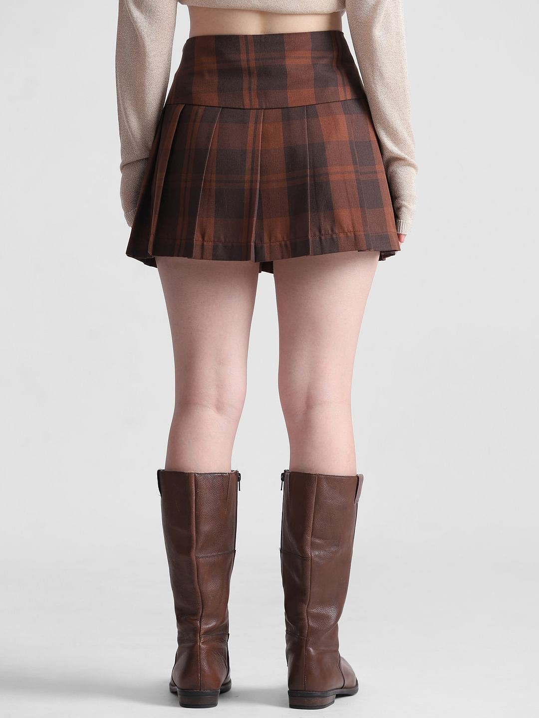 Brown High Rise Check Mini Skirt