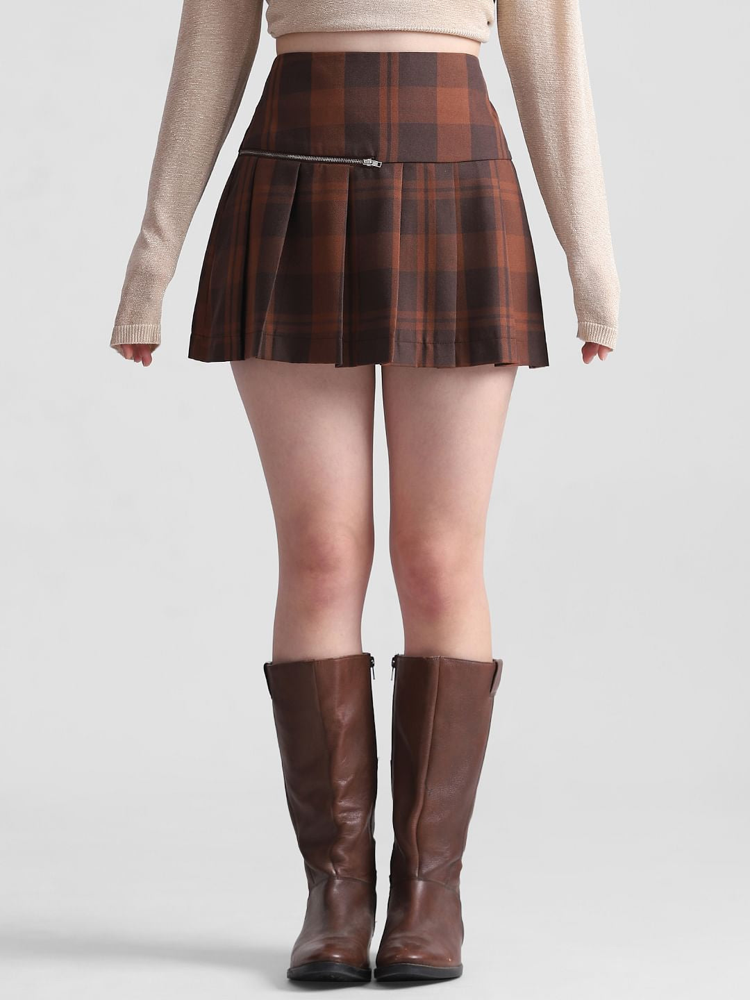 Brown High Rise Check Mini Skirt
