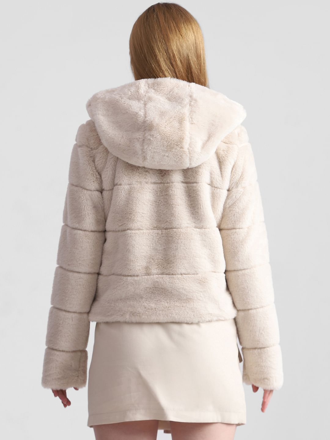 Beige Faux Fur Hooded Winter Jacket