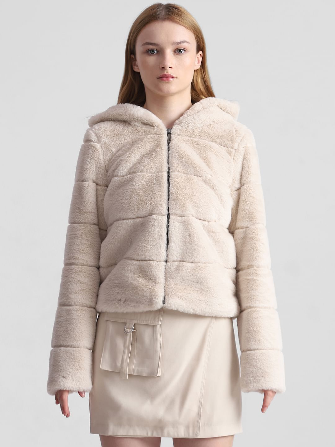Beige Faux Fur Hooded Winter Jacket