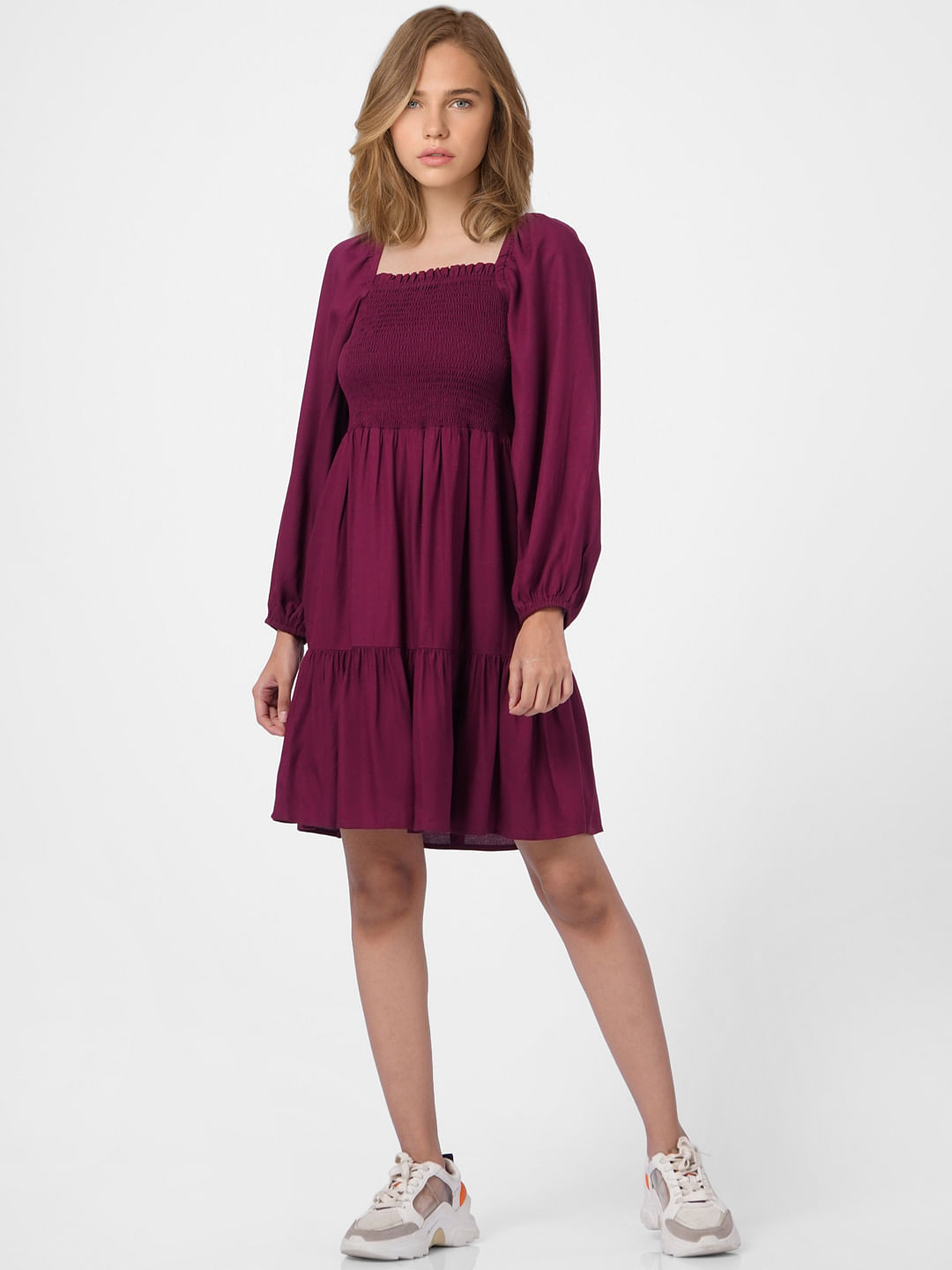 Purple Smocked Fit & Flare Dress