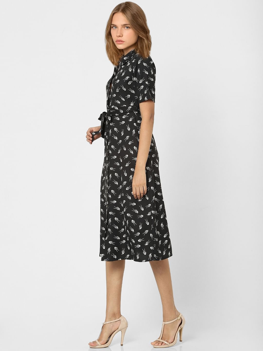 Black Printed Belted Dress