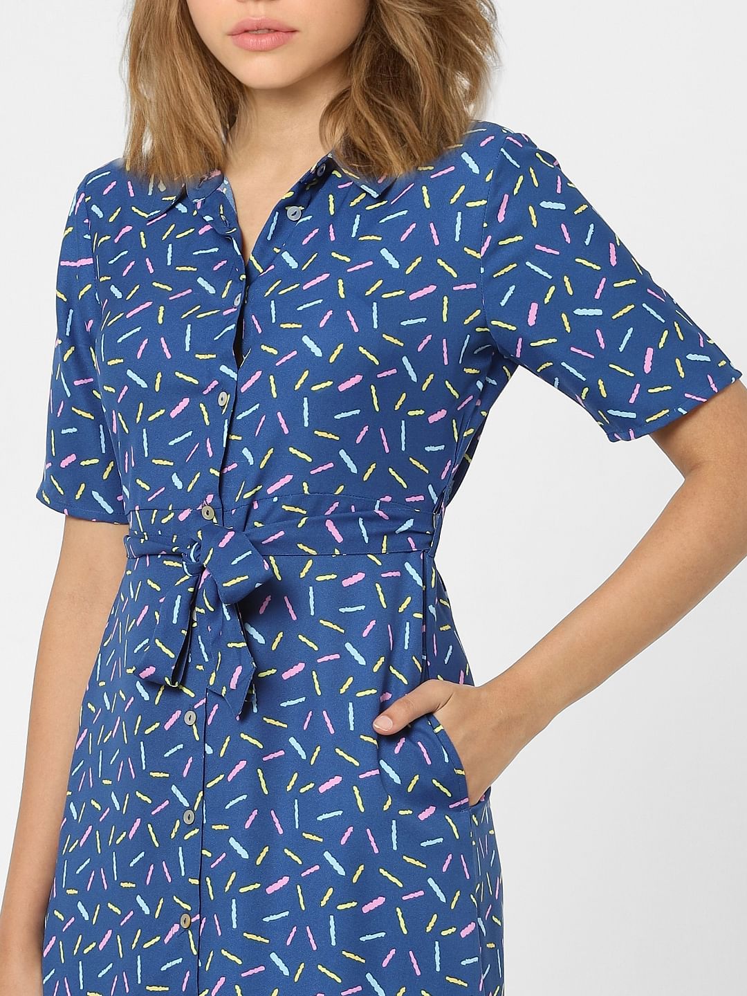 Blue Printed Belted Dress