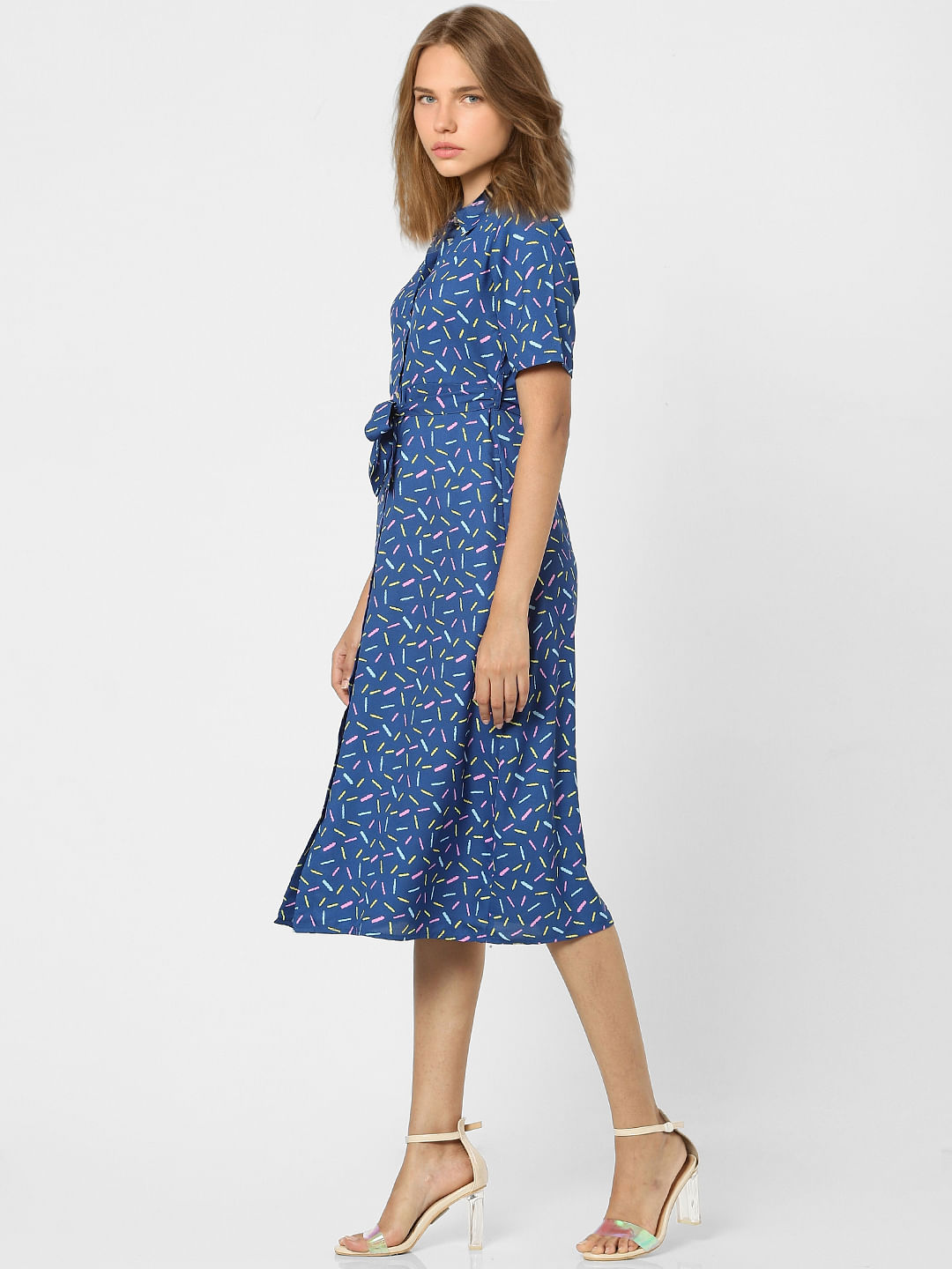 Blue Printed Belted Dress