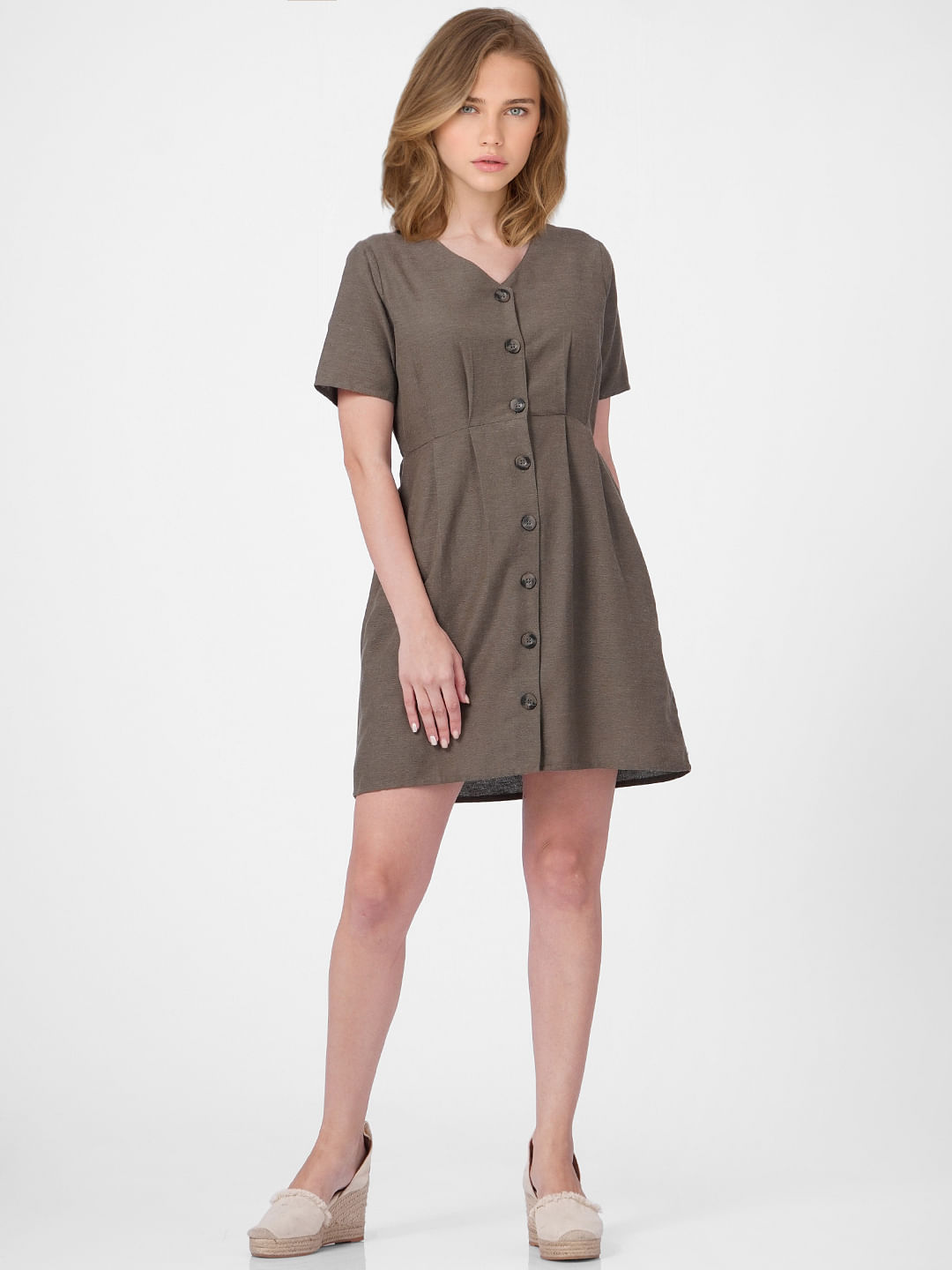 Grey V Neck Button Down Dress
