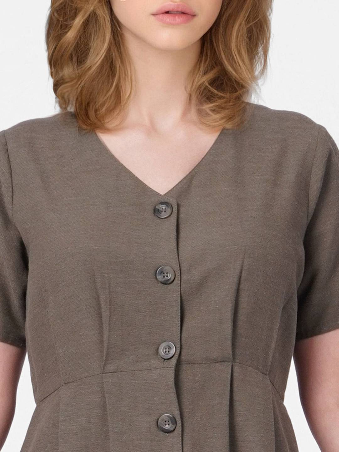 Grey V Neck Button Down Dress