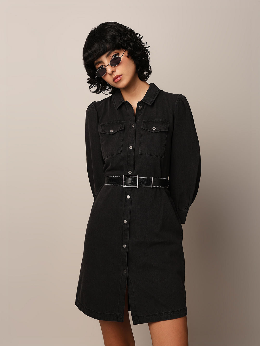 black dress with denim shirt Black Cotton Denim Shirt Dress