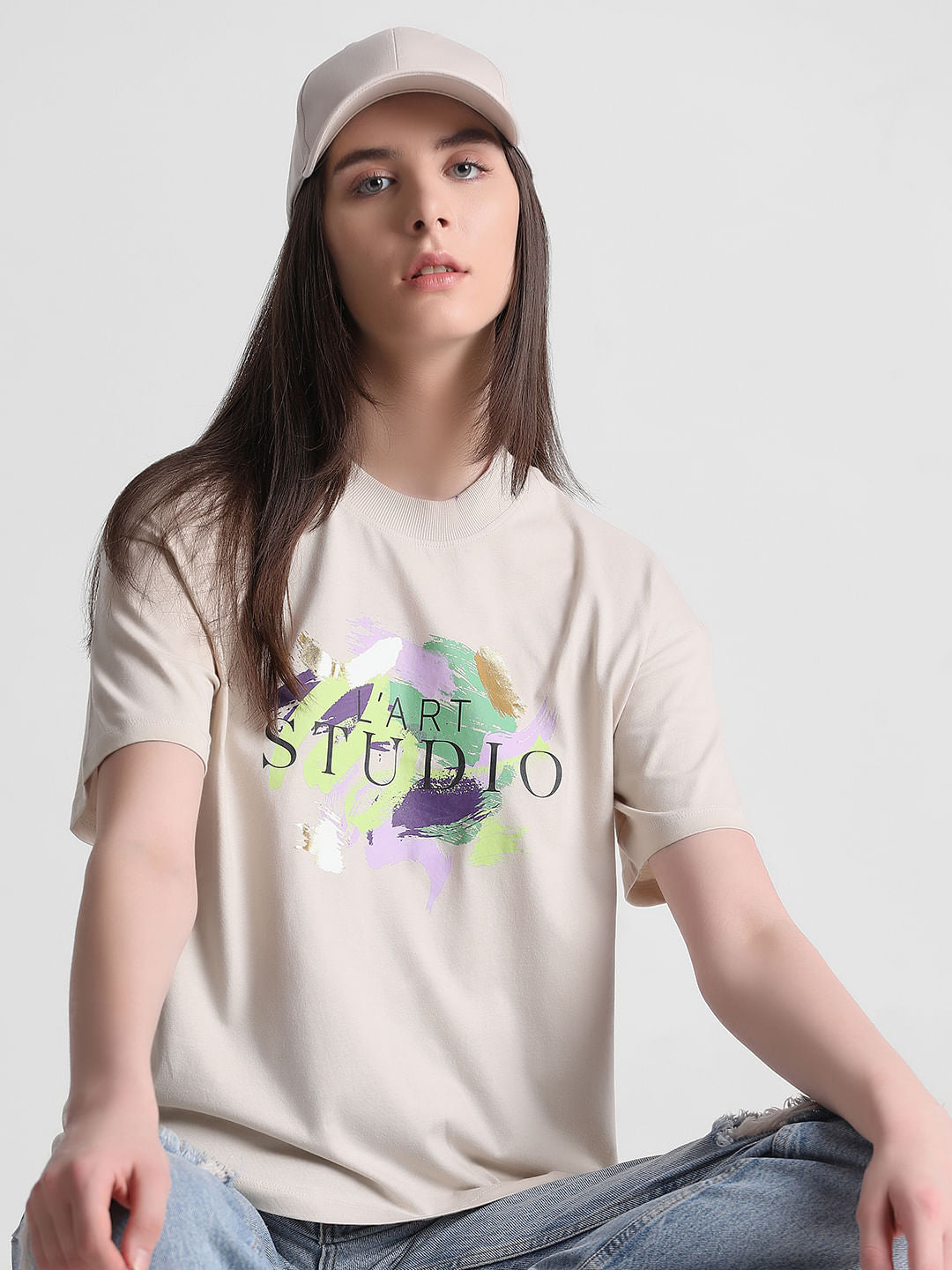 Beige Foil Print T-Shirt