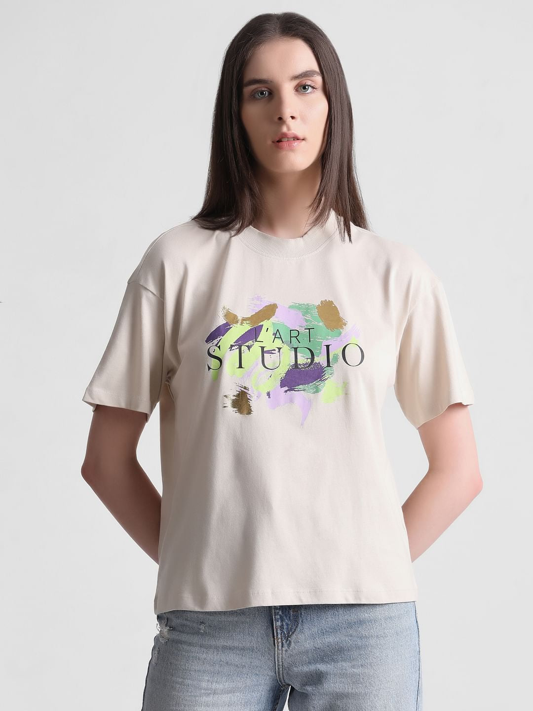 Beige Foil Print T-Shirt