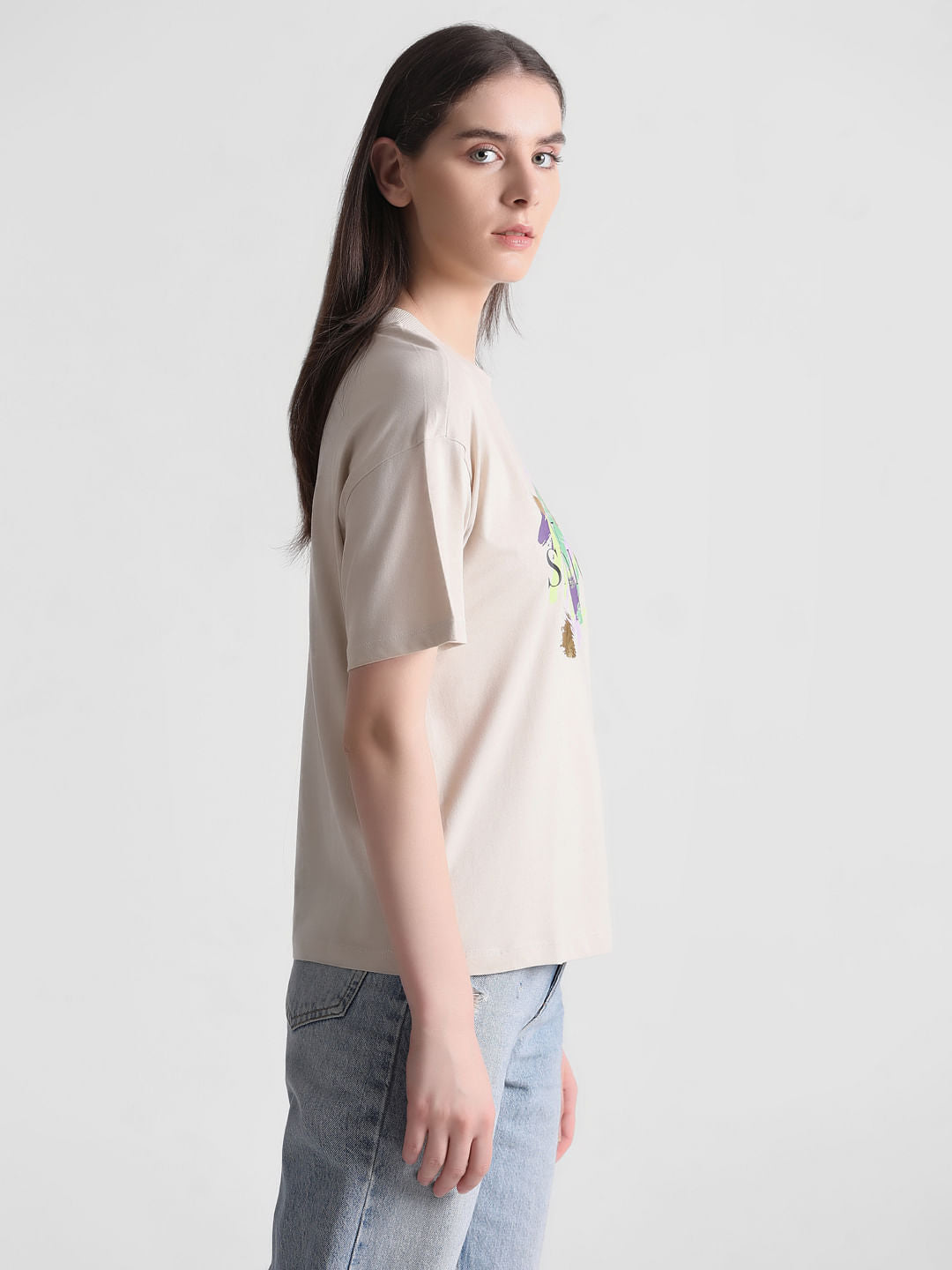 Beige Foil Print T-Shirt
