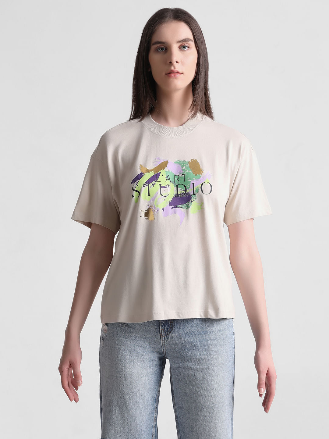 Beige Foil Print T-Shirt