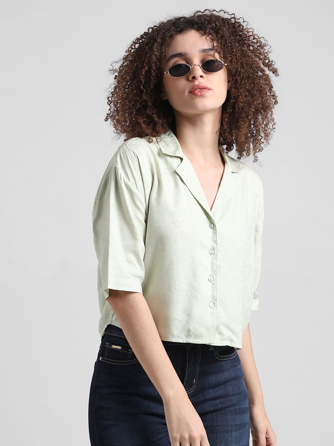 Green Printed Cropped Shirt