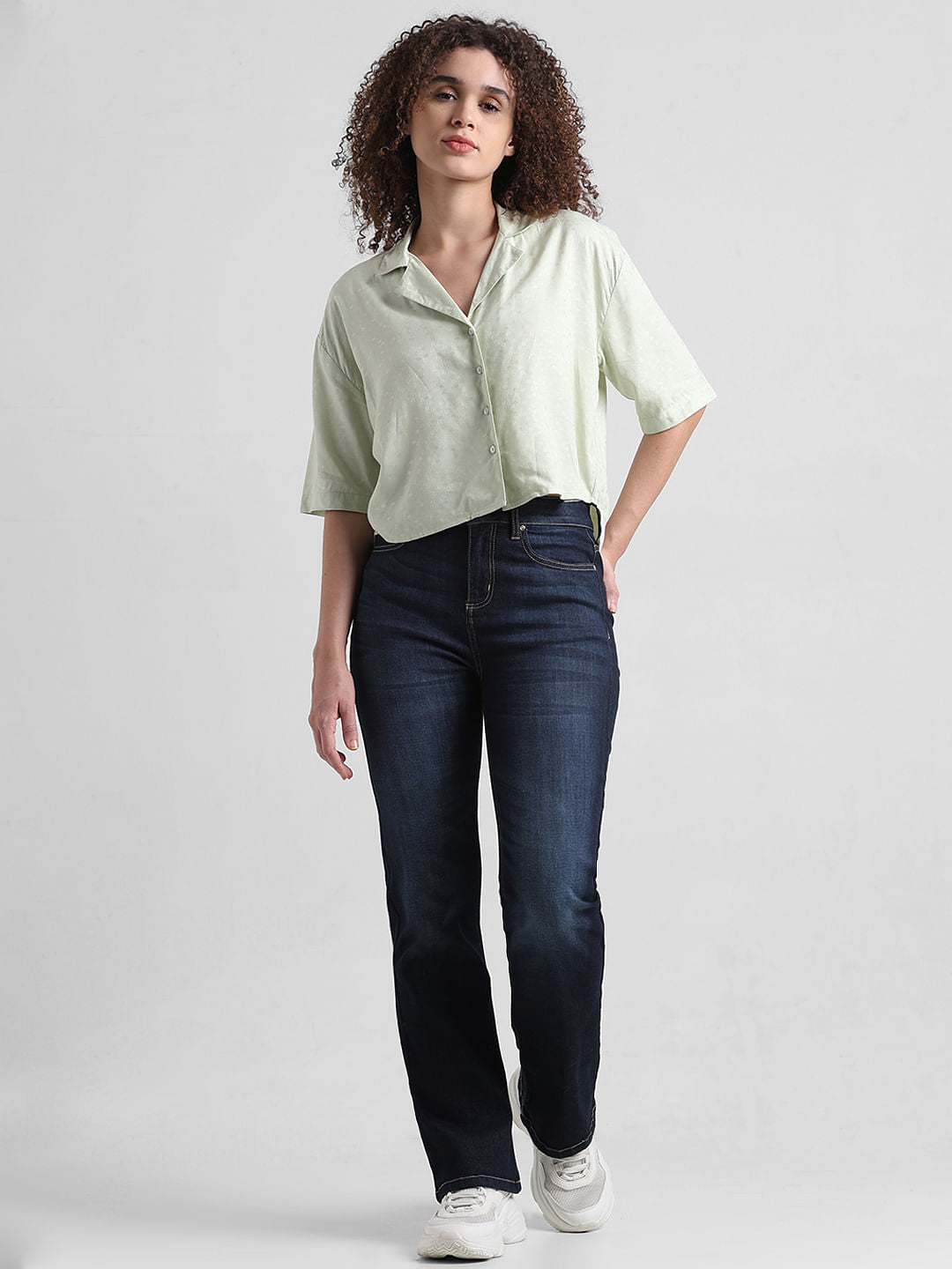 Green Printed Cropped Shirt