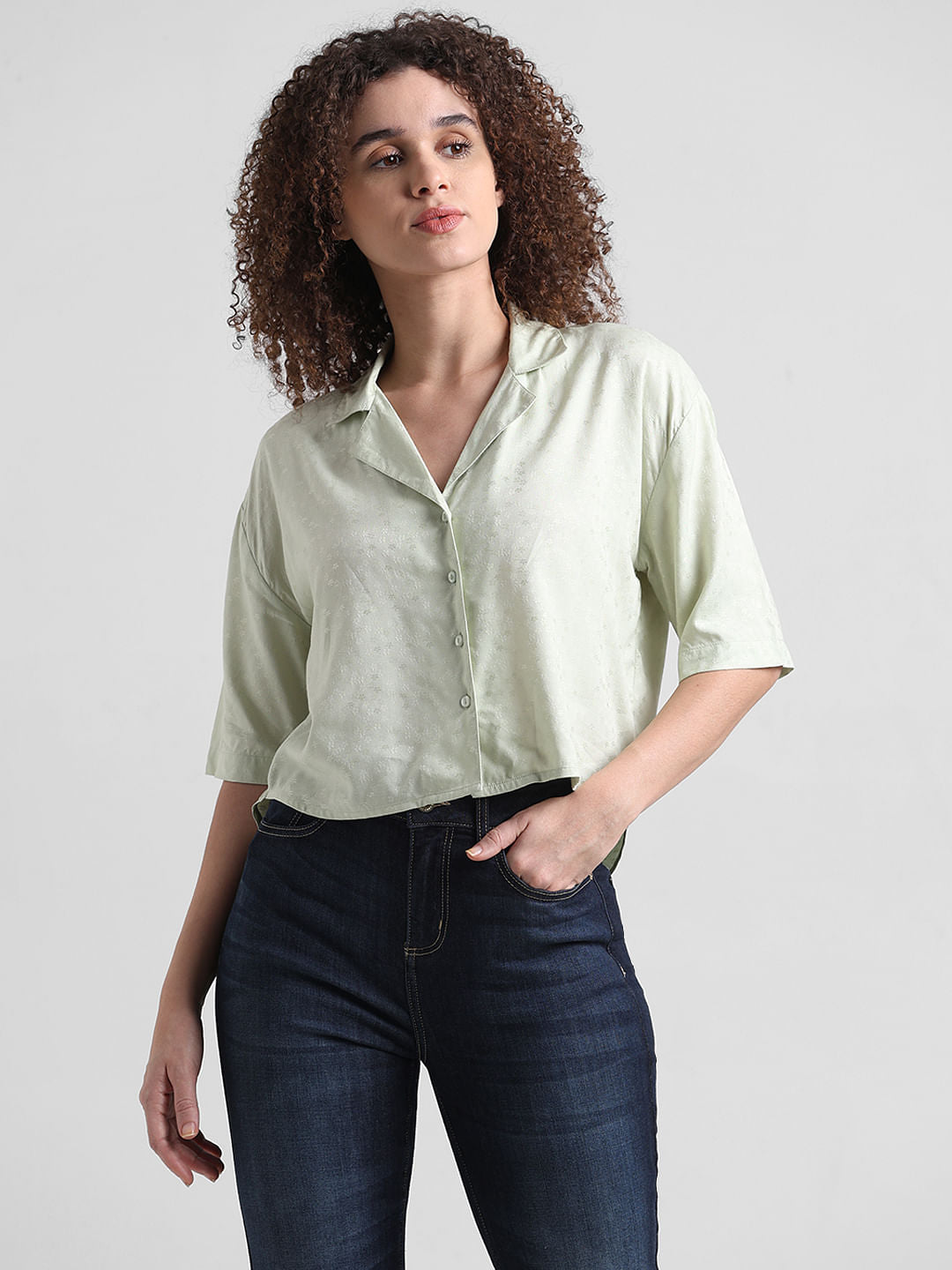 Green Printed Cropped Shirt