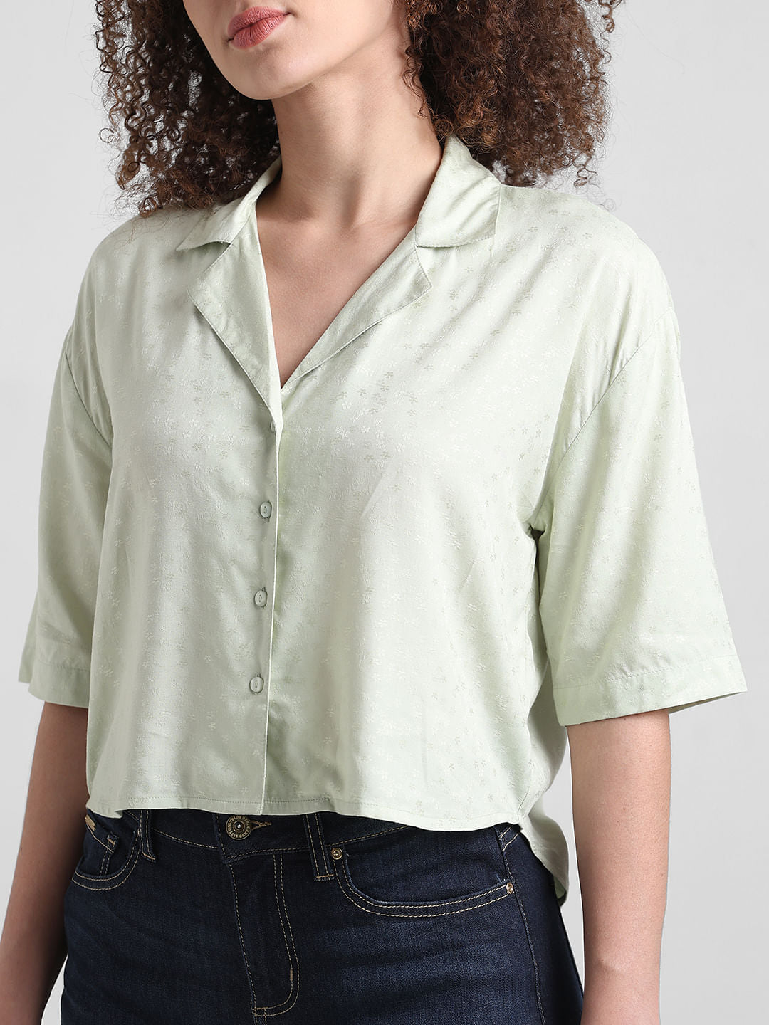 Green Printed Cropped Shirt