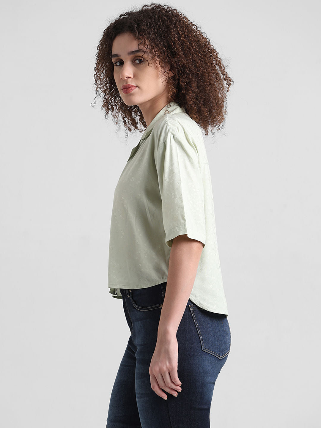 Green Printed Cropped Shirt