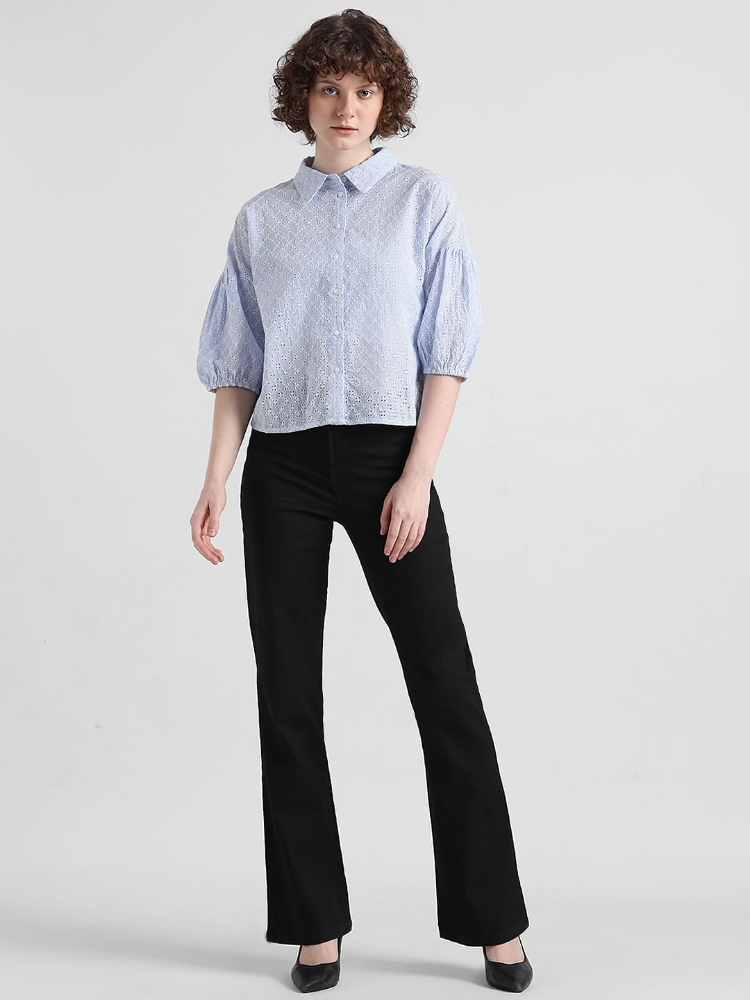 White & Blue Embroidered Cotton Shirt