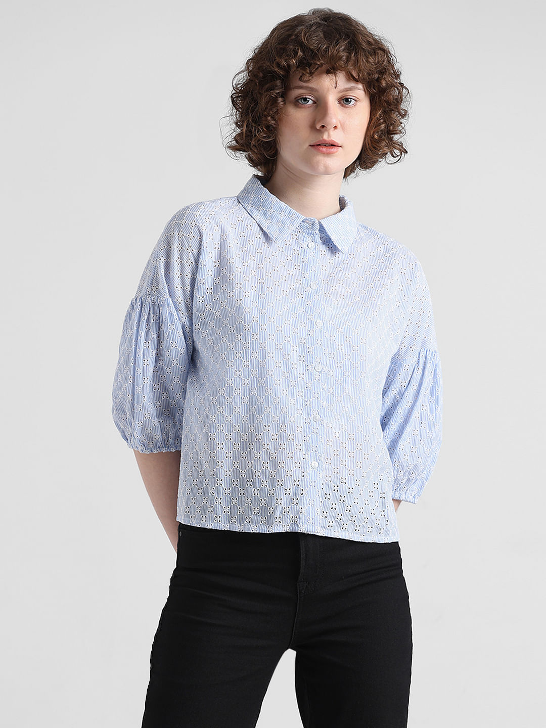 White & Blue Embroidered Cotton Shirt