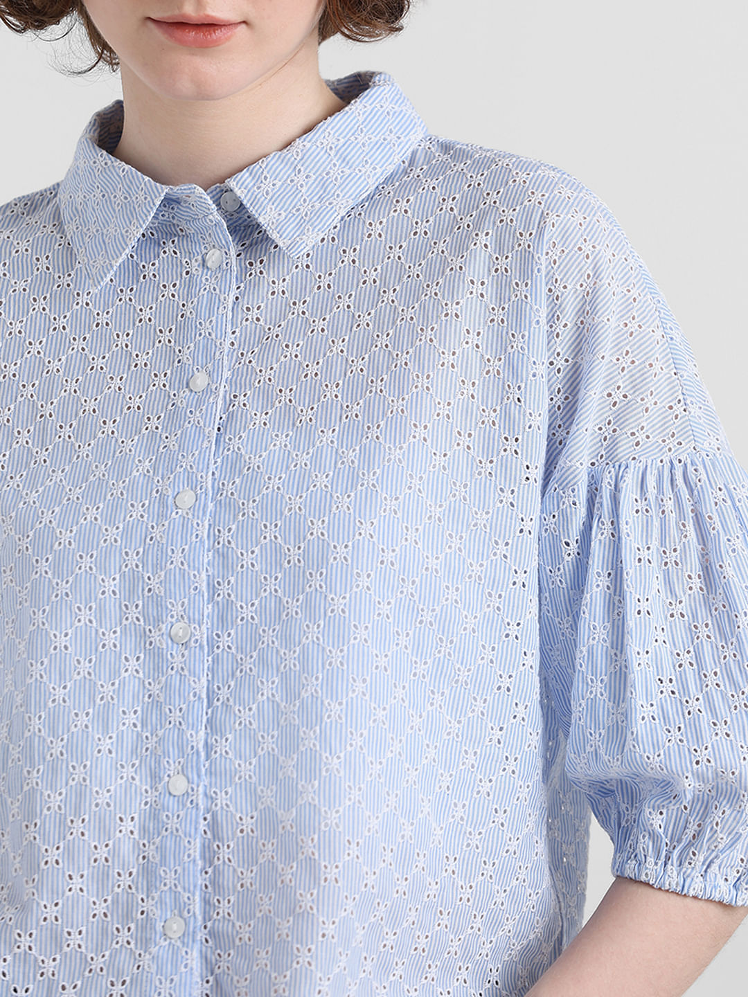 White & Blue Embroidered Cotton Shirt