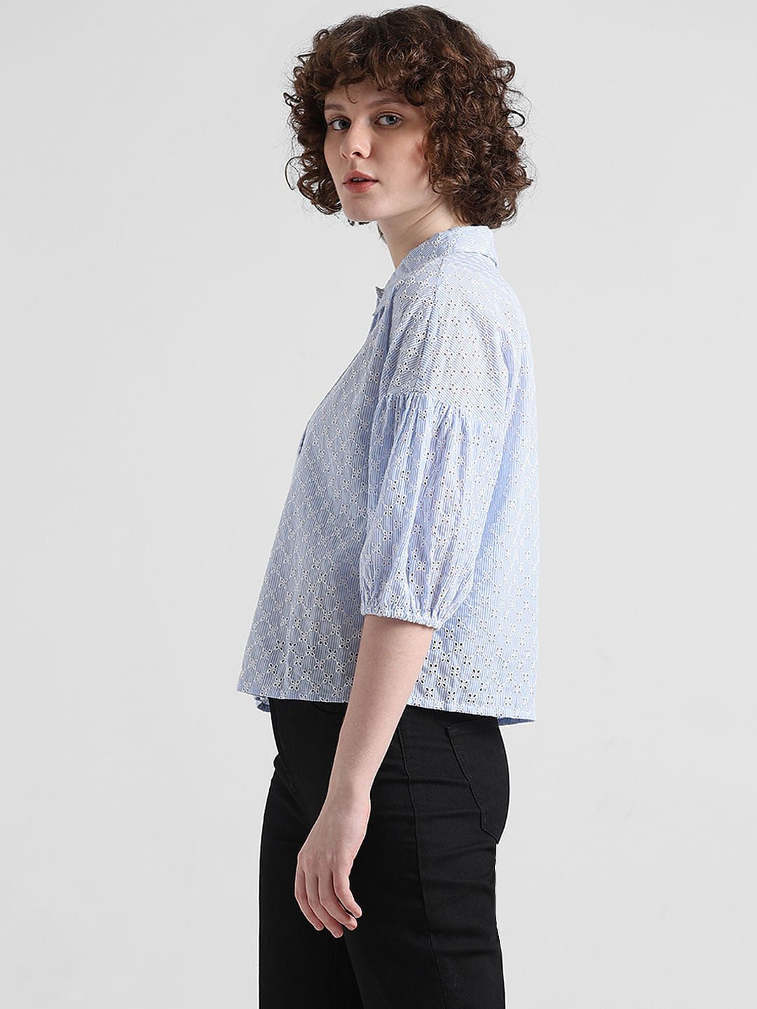 White & Blue Embroidered Cotton Shirt