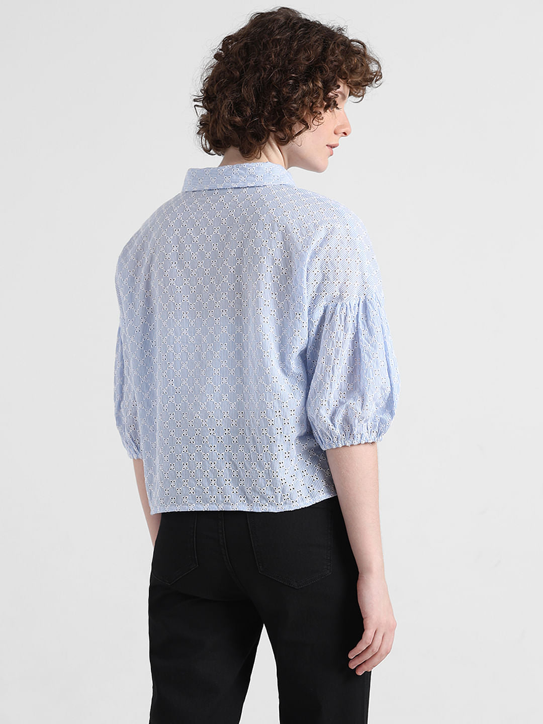 White & Blue Embroidered Cotton Shirt