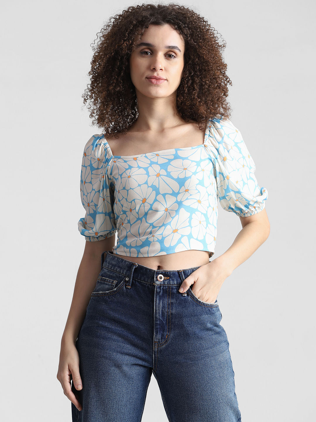 Blue Floral Print Smocked Top