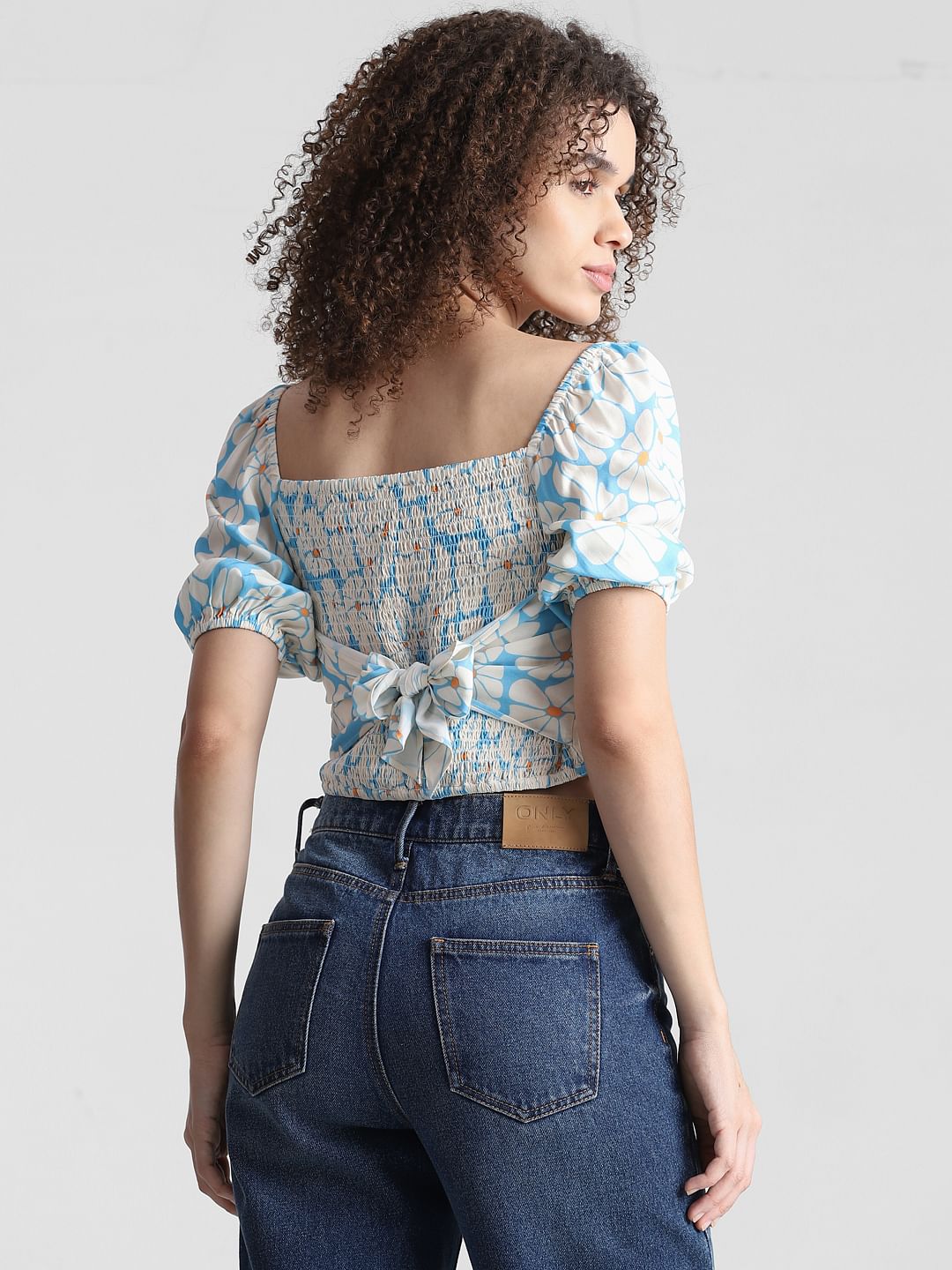 Blue Floral Print Smocked Top