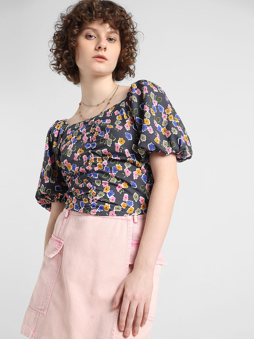 Black Floral Smocked Top